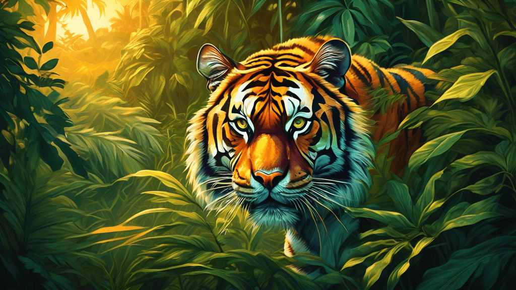 An awe-inspiring portrait of a majestic tiger, prowling through a lush, green jungle under the golden light of sunset.