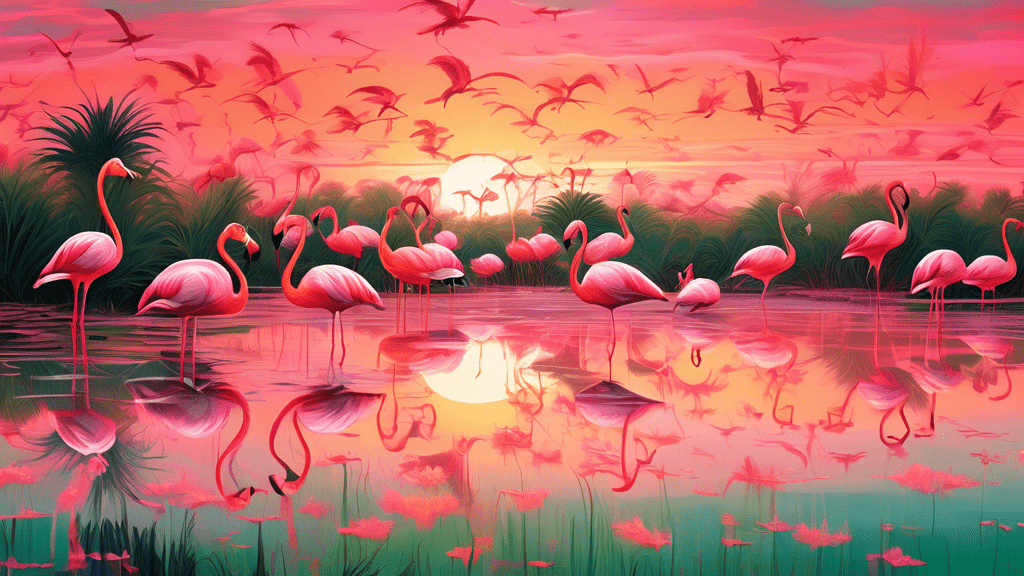 A breathtaking sunrise over a serene, expansive wetland filled with a flamboyance of Greater Flamingos, their reflections perfectly mirrored in the calm water beneath them, showcasing their majestic pink and coral feathers against a backdrop of lush, green vegetation.