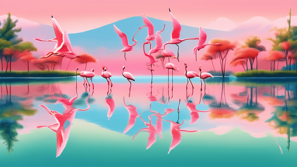 A group of Greater Flamingos flying over a serene blue lake at sunrise, reflecting their pink and coral shades in the water, with a lush green landscape in the background.