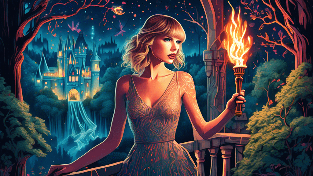 Detailed illustration of Taylor Swift holding a glowing torch while standing on a castle balcony at night, surrounded by an enchanted forest with hidden symbols from the lyrics of 'Long Live' intertwined throughout the scenery.