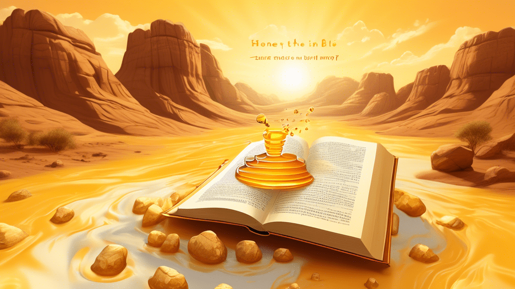 Create an image depicting a golden river of honey flowing from a large, craggy rock in a serene, sunlit desert landscape, with ancient scrolls and biblical symbols scattered around the foreground, to visually interpret the phrase 'Honey in the Rock' from the Bible.