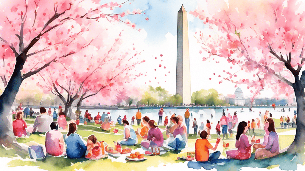 Vibrant watercolor illustration of families and friends enjoying picnics under the blooming cherry blossoms at the National Cherry Blossom Festival, with the Washington Monument in the background, encapsulating the essence of spring celebration.