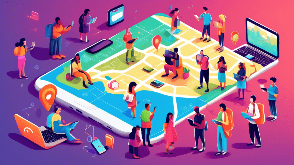 A whimsical digital illustration of diverse cartoon characters, represented as various devices (smartphones, tablets, and laptops), smiling and gathering around a glowing map pinpointing their location, symbolizing a friendly meetup through the 'People Nearby' feature.