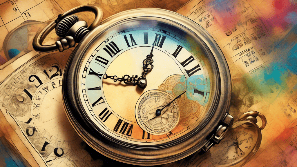 An antique pocket watch surrounded by different calendar pages marking various significant historical events, with a translucent overlay of people from diverse eras fading into one another in the background.