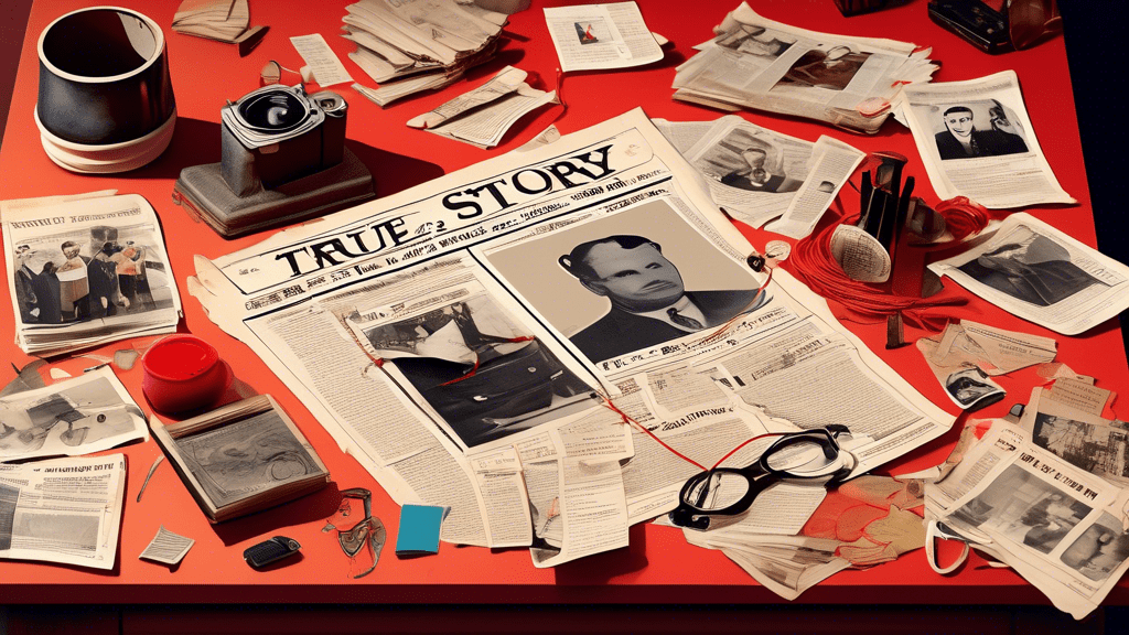 A vintage-inspired detective's desk cluttered with newspaper clippings, photos, and notes, all connected with red string, depicting the investigation of the real-life events that inspired the 2015 film 'True Story'.