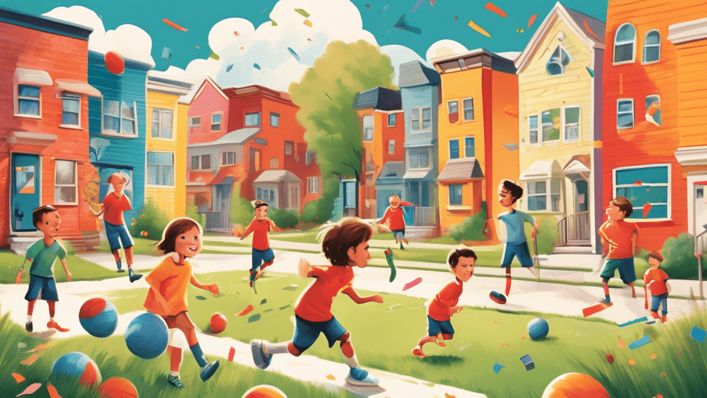 a whimsical, colorful illustration of a suburban neighborhood with children playing football on the street, inspired by a heartwarming family comedy movie, with the title 'Home Team' in bold letters floating in the sky.