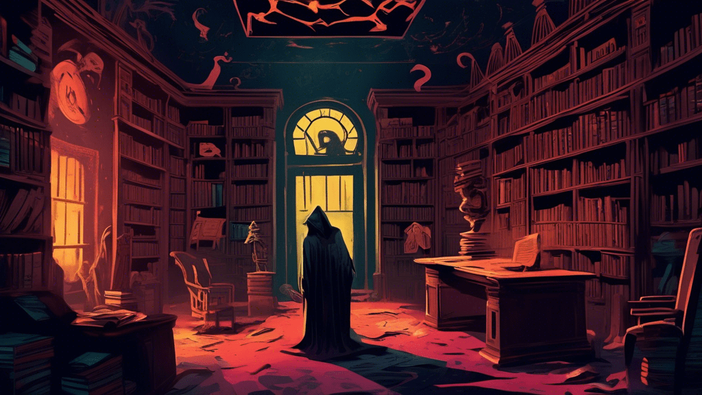 Create an eerie, moonlit library interior filled with ancient books and artifacts, subtly incorporating sinister symbols and shadowy figures linked to 'The Bye Bye Man' lore.