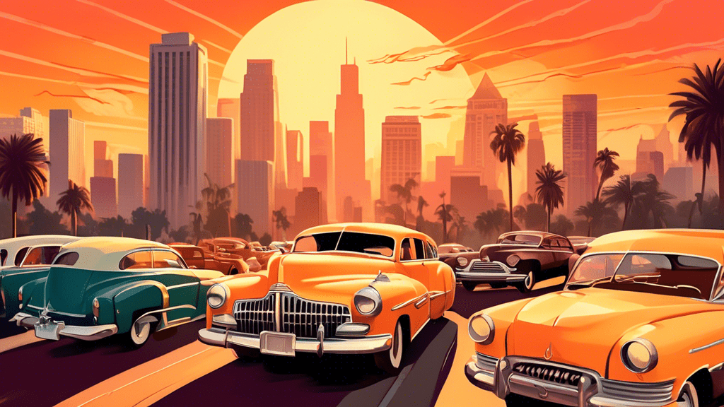 Create an image of a bustling Los Angeles courtroom scene inspired by the 1940s, interspersed with vintage cars and a charismatic lawyer in a sharp suit, reminiscent of the real-life inspiration behind 'The Lincoln Lawyer' with the city's skyline in the background during a golden sunset.