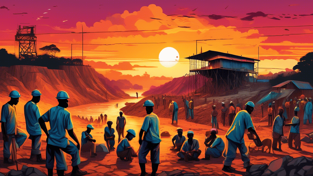 A stark and emotive illustration portraying a diamond mine in Sierra Leone with local workers juxtaposed against a stunning sunset, highlighting the contrast between the beauty of the diamonds and the harsh realities of their extraction.