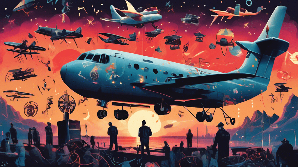 An illustrated collage combining real-life mysterious aviation incidents with iconic scenes and symbols from the TV show 'Manifest', under a twilight sky filled with cryptic glowing symbols.