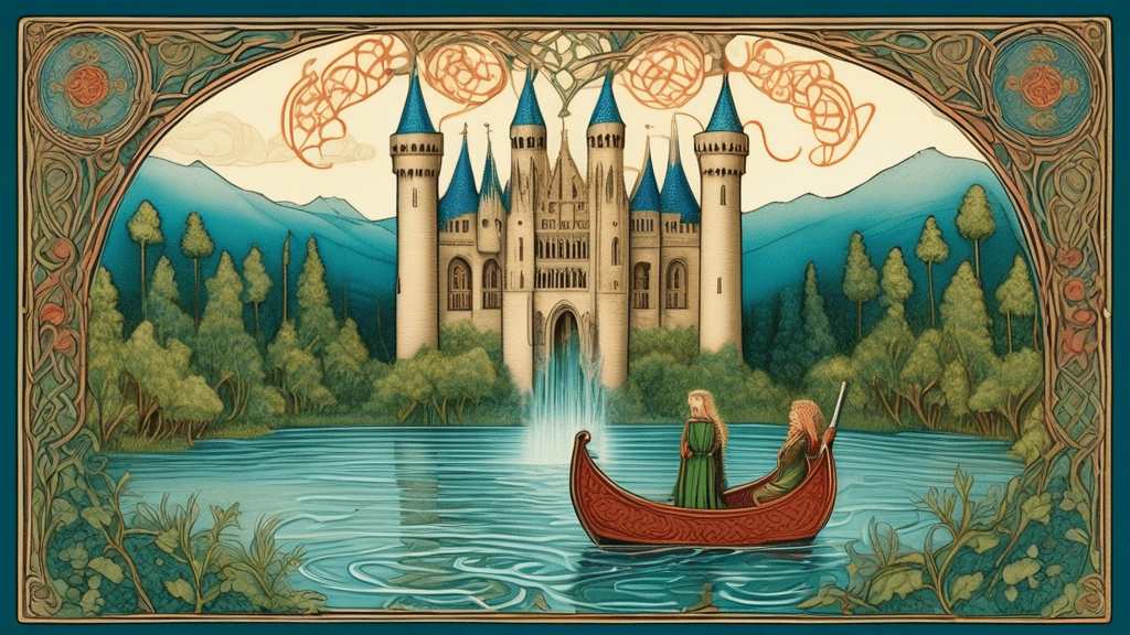 Create an image of a medieval illuminated manuscript page, portraying the first meeting of Tristan and Isolde by a serene lake surrounded by a mythical Celtic forest, with castles in the background and intricate knotwork borders encapsulating the scene.
