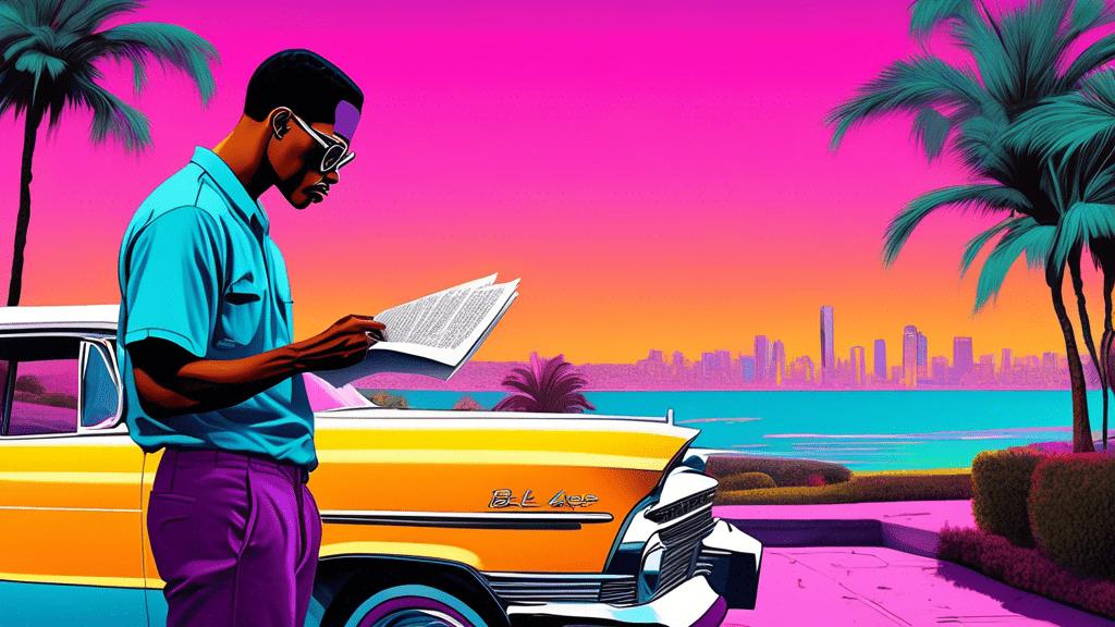 An artistic representation of a movie director analyzing the fictional film script of 'The Bel Air Movie 2022' with classic Bel-Air, Los Angeles, in the background, capturing the essence of blending reality with cinematic fiction.