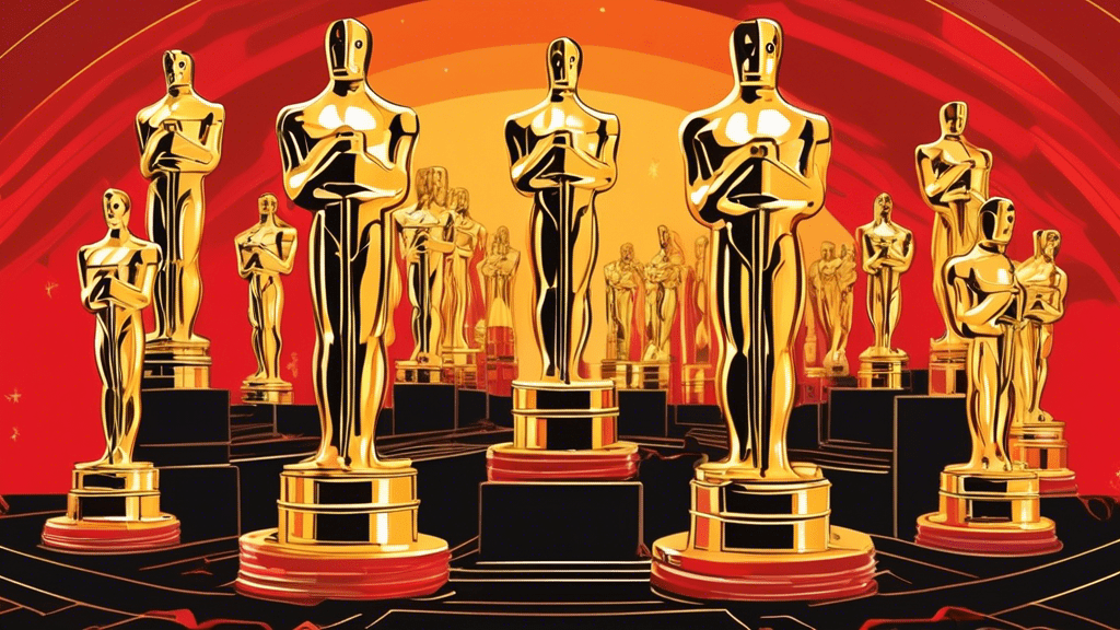 An elegant collage of iconic Oscar-winning moments throughout history, featuring vintage movie cameras, glamorous red carpet events, and golden Oscar statues, all set against the backdrop of the iconic Dolby Theatre.