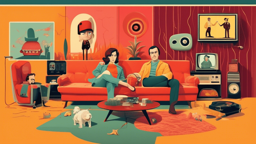 An imaginative split-screen illustration showcasing characters from iconic TV shows on one side and similar characters from famous movies on the other, highlighting their similarities in theme and style, set against a background that blends elements of a cozy living room and a classic movie theater.