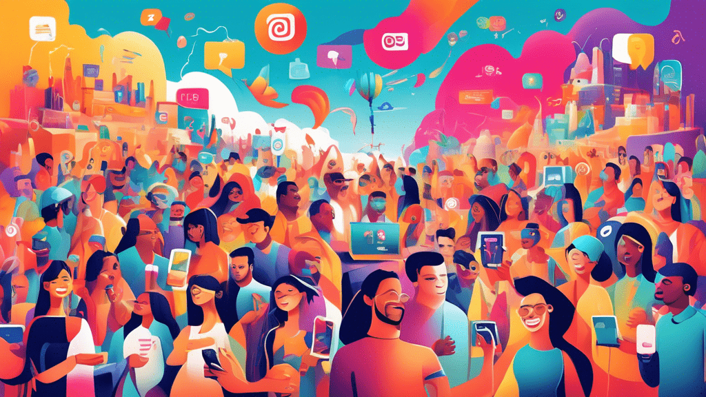 An illustrated digital landscape bustling with diverse influencers of all sizes and shapes engaging with a myriad of colorful products and smiling audiences, under a sky filled with social media icons and trending hashtags.