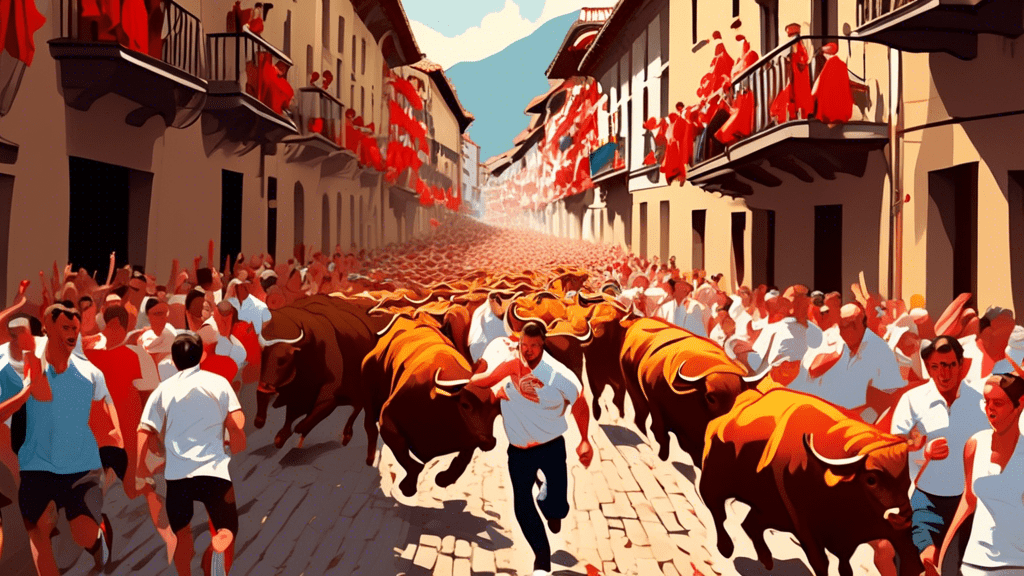 Dramatic scene of people running alongside bulls through the cobblestone streets of Pamplona, Spain, with spectators cheering from balconies, capturing the essence of the San Fermín festival under the bright sun of a July morning.