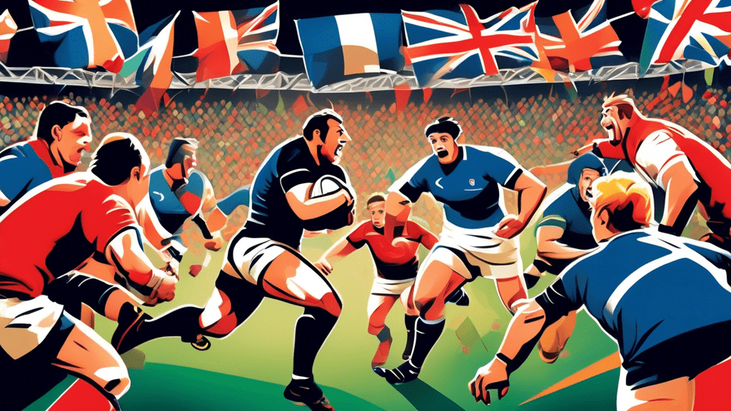 An action-packed rugby match under the lights of a packed stadium, with players from the Six Nations Championship teams fiercely competing for the ball, surrounded by a vibrant crowd of fans waving flags from England, France, Ireland, Italy, Scotland, and Wales.