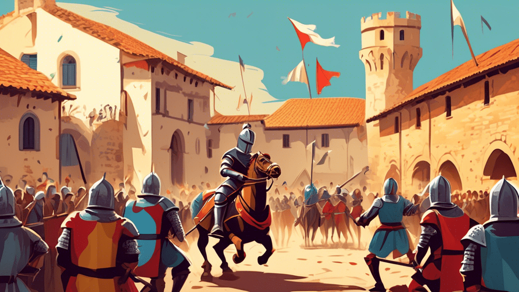 Illustration of medieval knights jousting before a cheering crowd at La Quintana tournament in Italy, with historical buildings in the background.
