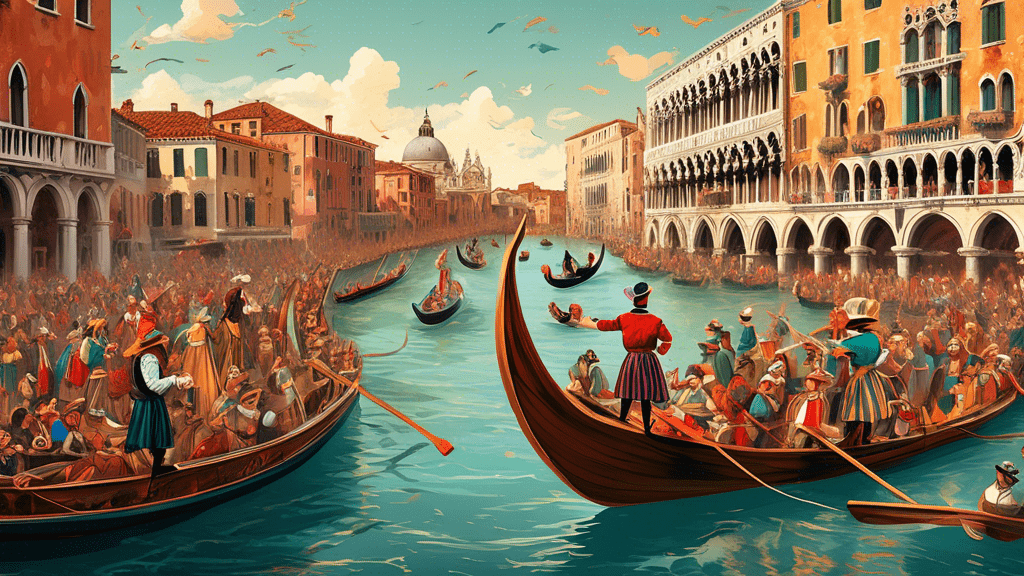 An intricate and colorful illustration of the Regatta Storica in Venice, showcasing gondoliers in historical costumes racing down the Grand Canal with a backdrop of ancient Venetian architecture and an exuberant crowd of spectators dressed in 16th-century attire.