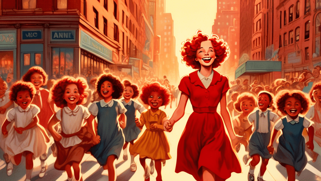 A beautifully detailed illustration of a vintage New York City backdrop with the character Annie, depicted with her iconic red dress and curly hair, leading a group of joyful orphans through the bustling streets, underlined by a soft golden glow highlighting the true spirit of hope and resilience behind 'Annie's' story.