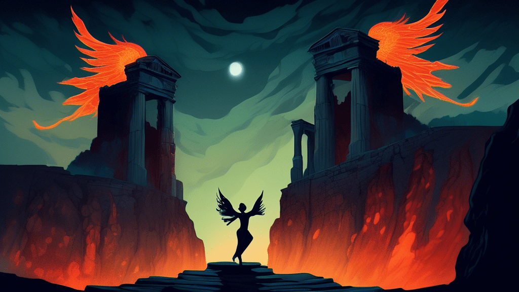 Create a surreal and dramatic illustration of a person dancing elegantly with a shadowy, devilish figure under a moonlit sky, both standing on the edge of a fiery cliff, with ancient ruins in the background and a pair of ethereal wings fading into the darkness.