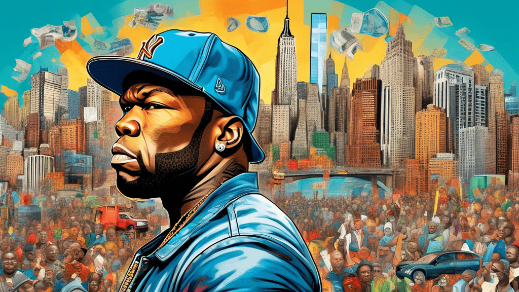 Portrait of 50 Cent surrounded by visual metaphors depicting his transition from poverty to fame against the backdrop of New York City's urban landscape.