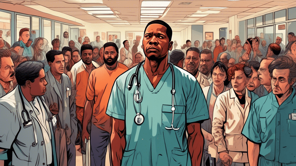 a detailed and dramatic illustration showcasing a man courageously standing in a hospital lobby, surrounded by tense onlookers and media cameras, depicting the emotional essence of 'John Q'