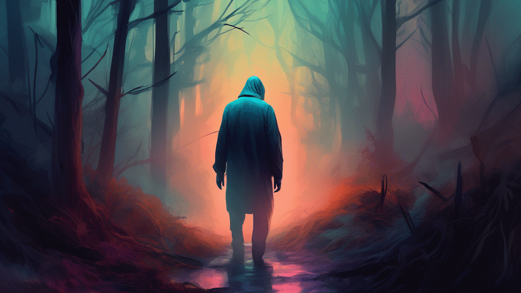 Create a mysterious and atmospheric digital painting of a desperate figure searching through a foggy, dense forest at twilight, capturing the essence of suspense and the unknown in the true story behind 'Last Seen Alive'.