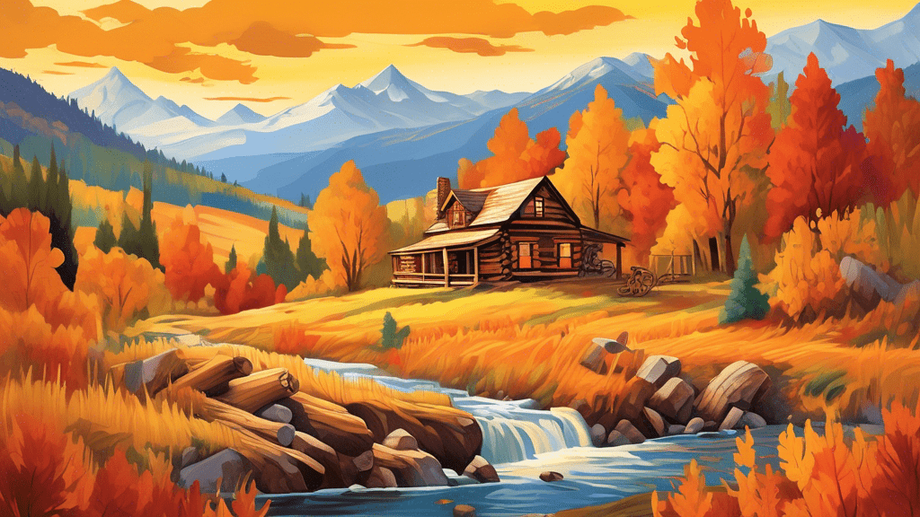 Paint an enchanting autumn landscape in Montana with rolling hills, a majestic log cabin, and a family of early 20th century settlers, capturing the essence of drama and adventure to illustrate the true historical inspiration behind 'Legends of the Fall'.