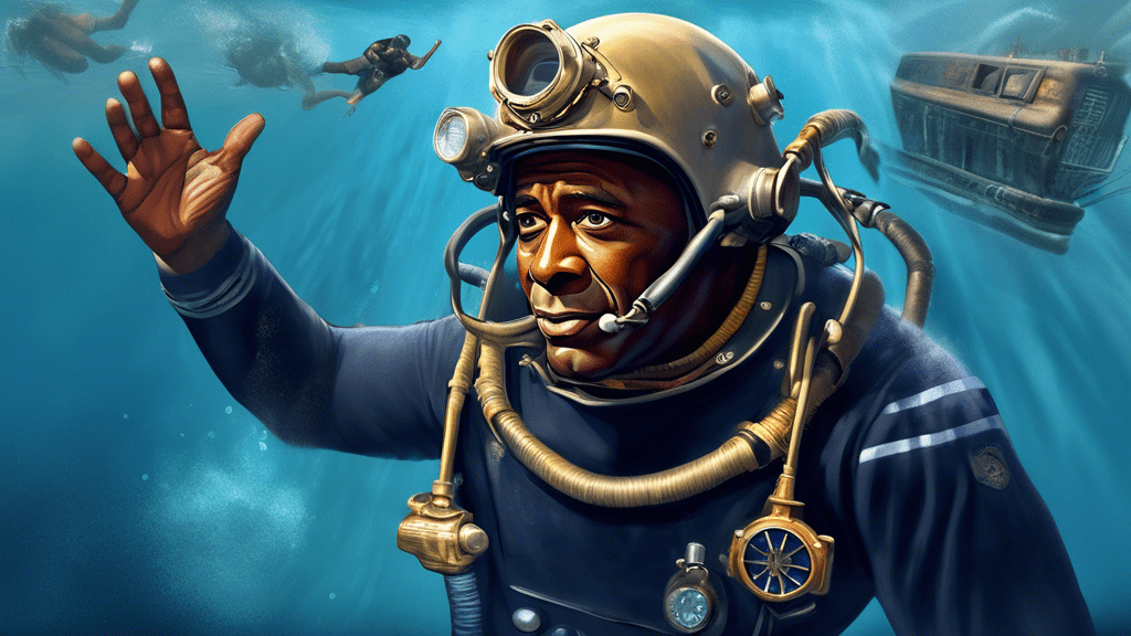 An inspiring digital painting of Carl Brashear, the first African American U.S. Navy Master Diver, courageously completing a challenging underwater salvage operation, set against a 1950s historical backdrop, embodying the spirit of the true story behind 'Men of Honor'.