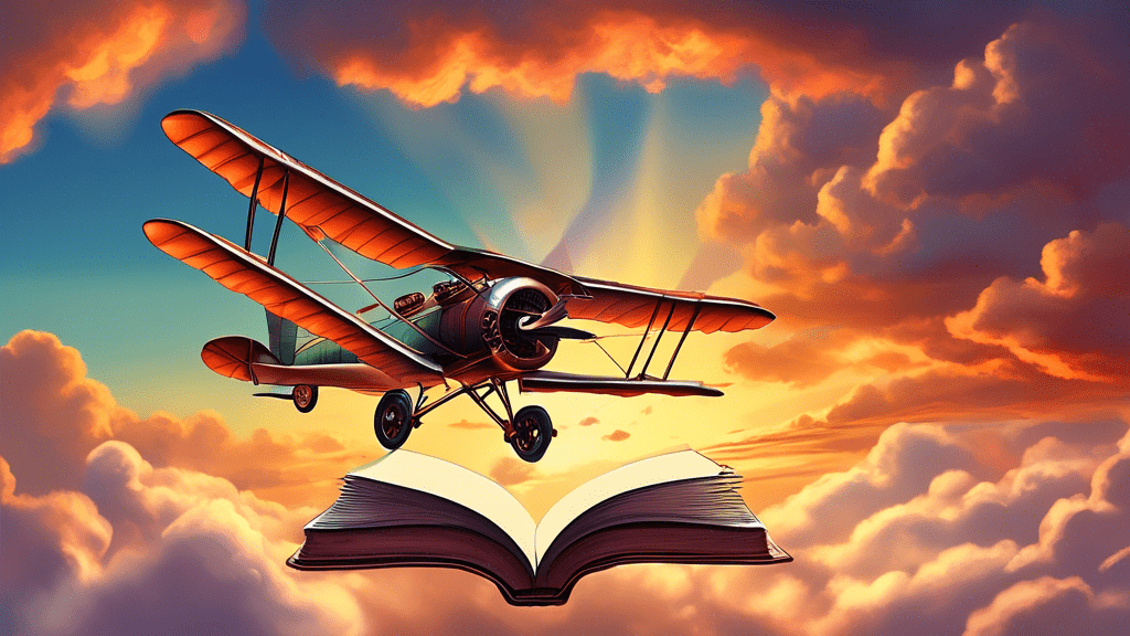 A vintage biplane soaring above the clouds at sunset, with an open book in the foreground that has the text 'The True Story Behind 'On a Wing and a Prayer'' on its visible page, set against a backdrop of a dramatic sky symbolizing hope and adventure.