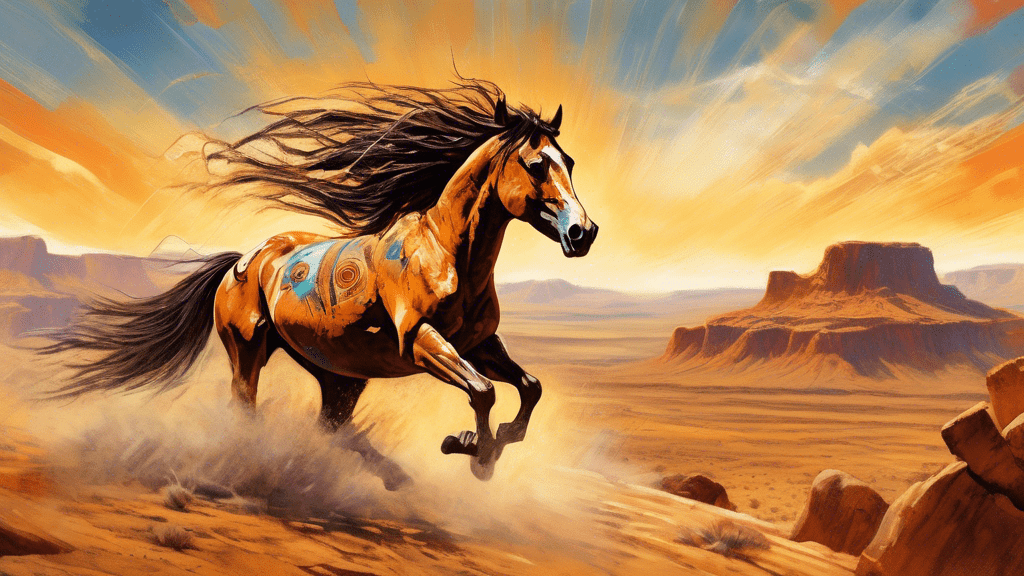 A majestic, highly detailed painting of a Kiger Mustang galloping across the sunlit plains of the American West, with ancient cave paintings and film reel frames blending into the background to represent the true story behind 'Spirit'.