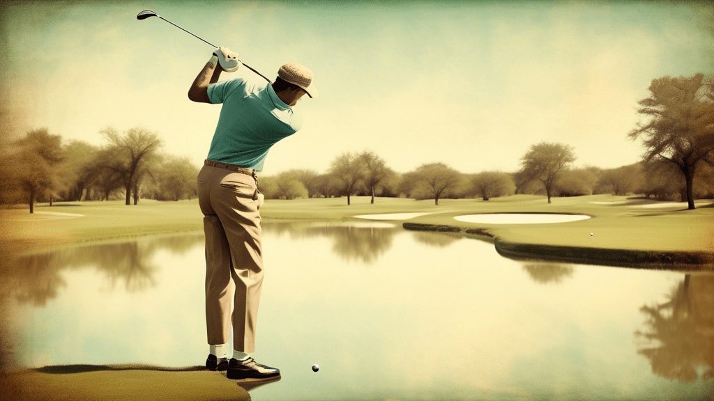 A vintage inspired image of a golfer attempting an improbably long shot over water, with old-time film camera filters and the background of a rustic Texas golf course, capturing the essence of the movie 'Tin Cup'.