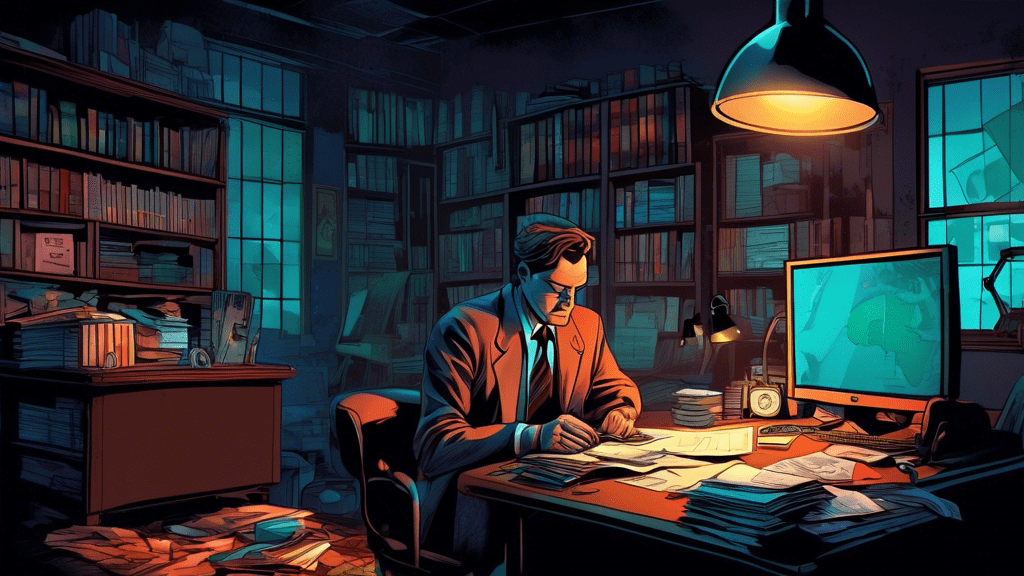 A compelling digital illustration capturing the essence of a detective's investigation, spotlighting evidence that uncovers the true story behind 'Unbelievable', set against the backdrop of a dimly lit room filled with case files and a computer displaying critical information, conveying a sense of determination and breakthrough.