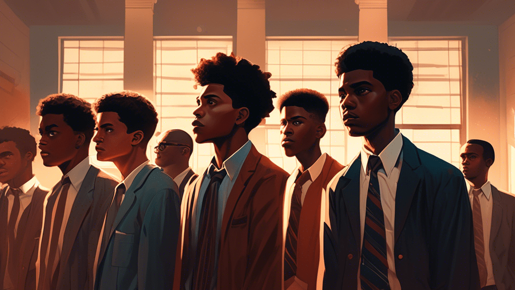 A visually compelling courtroom scene with five determined young men standing together, their expressions a mix of resilience and hope, under the soft glow of sunlight filtering through a courthouse window, embodying the spirit of unity and the quest for justice depicted in 'When They See Us'.