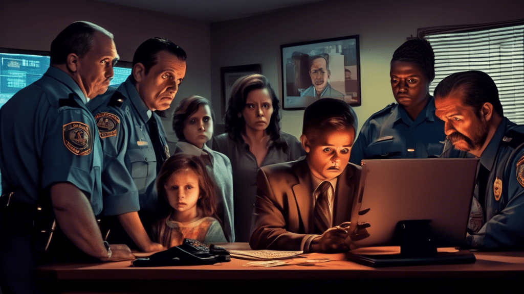 An intense and emotional reenactment scene from the 'Amber Alert Movie', showing actors portraying law enforcement officers and a concerned family gathered around a computer displaying an Amber Alert notification, with a gloomy, suspenseful backdrop highlighting the urgency of the situation.