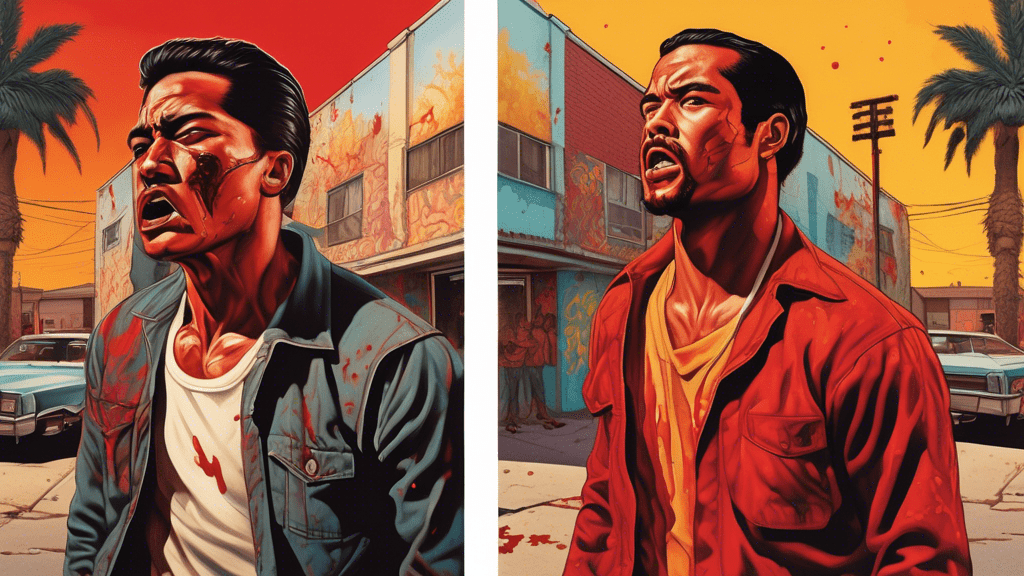 A split image illustrating two contrasting scenes: On the left, a vibrant East Los Angeles neighborhood in the 1970s with mural-covered walls, and on the right, an intense, emotional moment of brotherhood and struggle among three individuals, capturing the essence of 'Blood in Blood Out'.