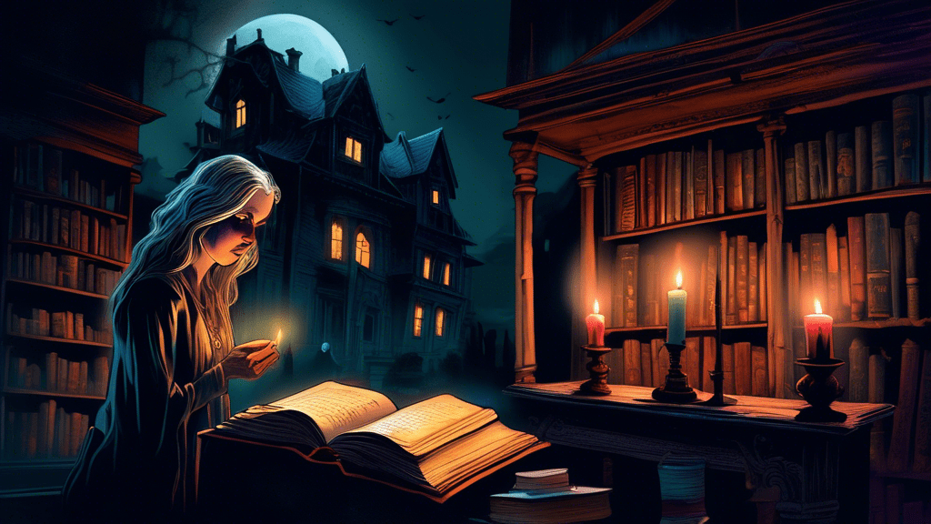 An eerie, moonlit old house with shadows casting over an open, ancient book, surrounded by flickering candles, while a ghostly figure of Deborah Logan appears in the background, with perplexed investigators taking notes in the foreground.