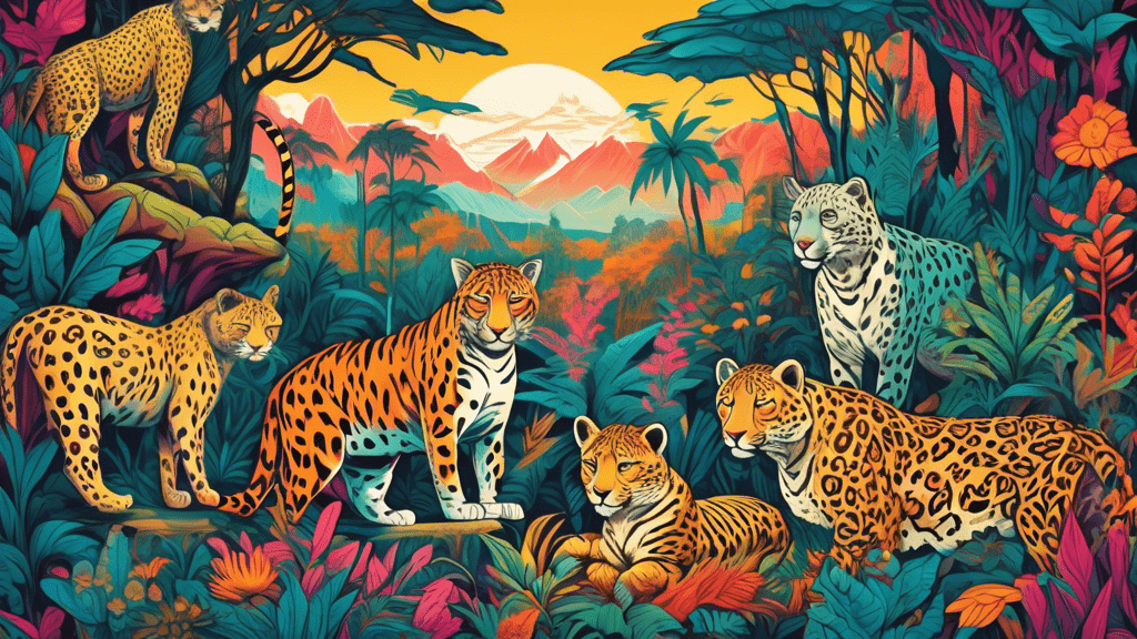 An illustration of various wild cat species in their natural habitats around the world, including a snow leopard in the mountains, a jaguar in the rainforest, a cheetah on the African savanna, and a tiger in an Asian jungle, all depicted in vibrant colors and intricate detail.