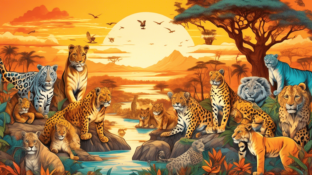 A colorful illustration depicting a majestic gathering of various types of big cats in their natural habitats around the world, including lions in the African savannah, tigers in the Asian jungle, leopards perched on tree branches, jaguars near a South American river, and snow leopards in the Himalayan mountains, all under a golden sunset sky.