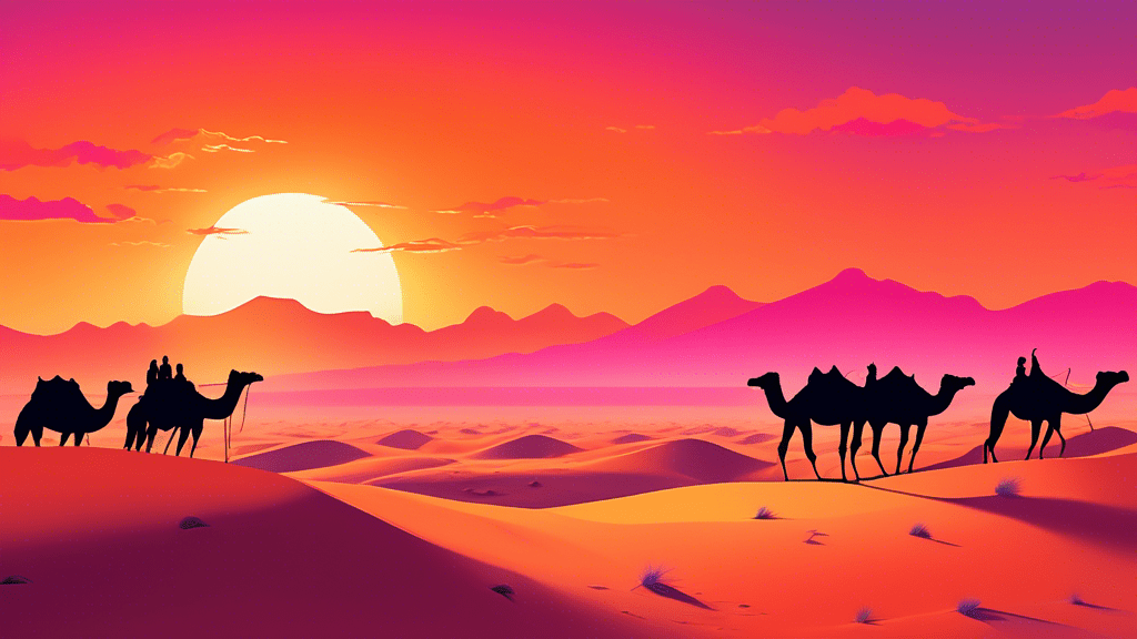 Paint a breathtaking sunset over the world's largest desert, showcasing a vast expanse of dunes with camels in silhouette and an oasis subtly visible in the distance, under a sky adorned with vibrant orange and pink hues.