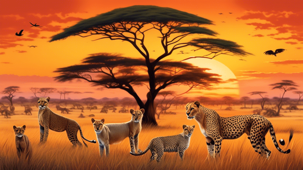 A breathtaking panorama showcasing a diverse assortment of wild African cats in their natural habitat, with the majestic savannah sunset in the background, highlighting species such as lions, leopards, cheetahs, and servals coexisting in harmony.