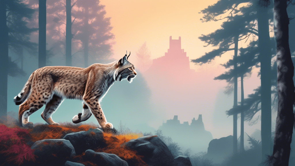 A majestic lynx prowling through a misty European forest at dawn, with ancient ruins in the background.