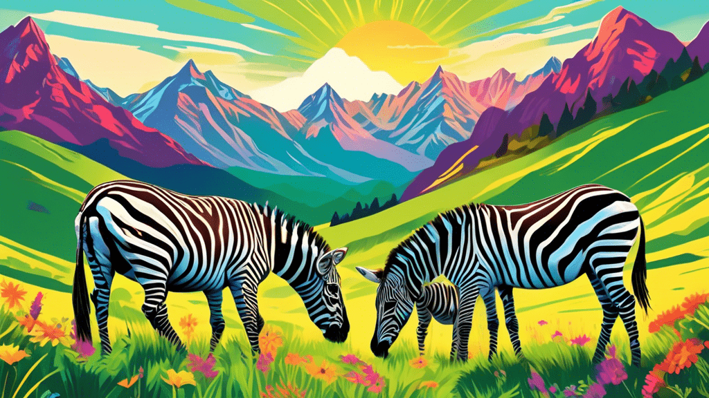 A vibrant illustration of a family of Mountain Zebras grazing on the lush, vibrant green slopes of a sun-drenched mountain range with a panoramic view of towering peaks and scattered wildflowers in the background.