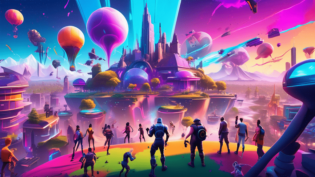 Digital artwork illustrating a futuristic landscape with iconic buildings shaped like various Epic Games' inventions and characters from Fortnite dancing, Unreal Engine holograms projecting in the sky, and a group of diverse gamers exploring and interacting with this vibrant, innovative world.