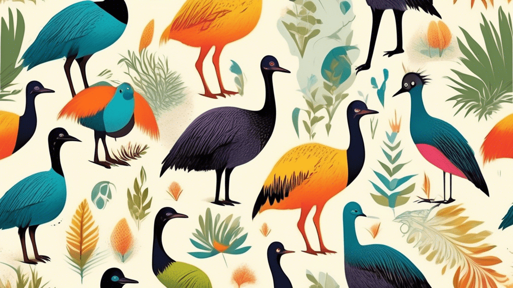 A vibrant illustration showcasing a variety of flightless birds like the emu, ostrich, kiwi, and penguin in their natural habitats, emphasizing their unique adaptations and diversity.