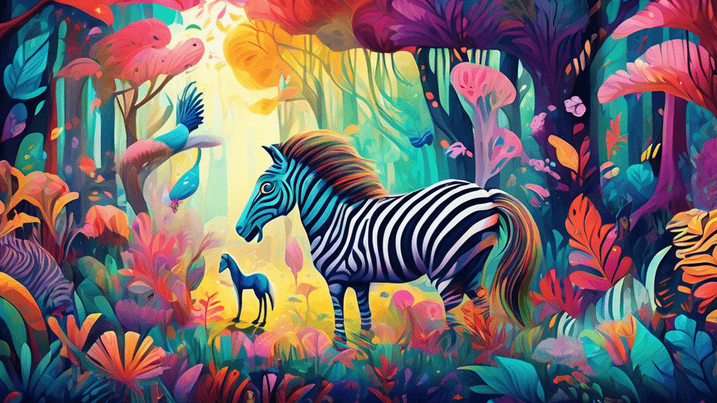 A vibrant digital painting showcasing a whimsical landscape filled with various hybrid animals, such as a zebra-striped lion and a peacock-tailed horse, interacting peacefully in an enchanted forest.