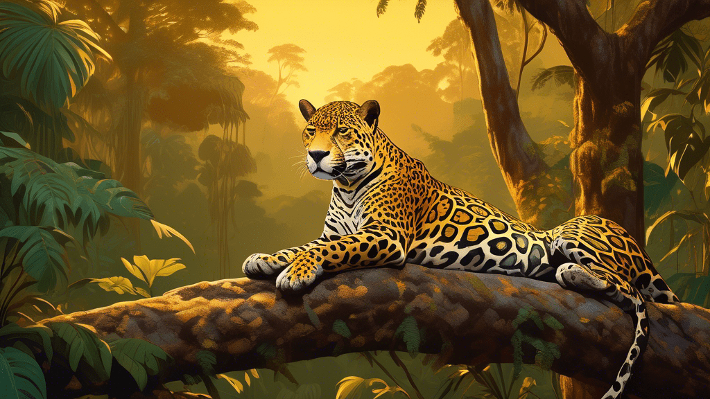 An elegant jaguar lounging on the branch of a towering tree in the lush Amazon rainforest, with the golden light of the setting sun highlighting its spotted coat.