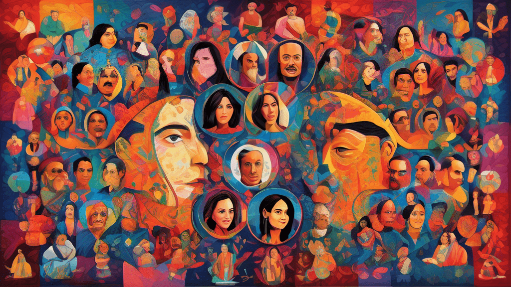 An artistic tapestry showcasing the etymology and cultural significance of the name 'Jani' across a globe dotted with portraits of notable individuals named Jani, interconnected by vibrant, colorful threads of history and tradition.