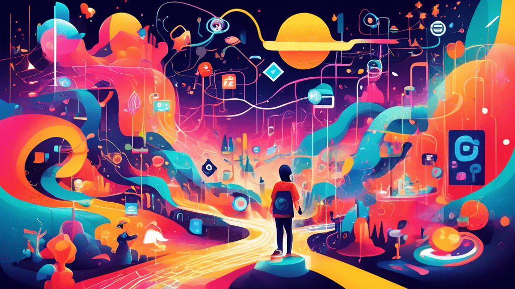 A colorful digital landscape featuring iconic symbols and characters from various social media platforms, interconnected by swirling pathways of light and data, with curious explorers navigating through this vibrant world.